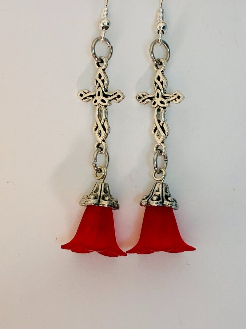 Silver Celtic Cross & Red Flower Dangle Earrings